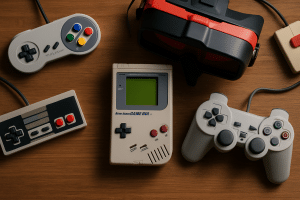 Retro gaming setup on a wooden table: Game Boy, two classic controllers, and a red-and-black VR headset.