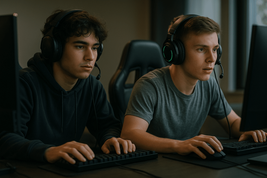 Two young men wearing large over-ear headphones with mics sit side by side at computer desks, typing on keyboards and looking at screens.